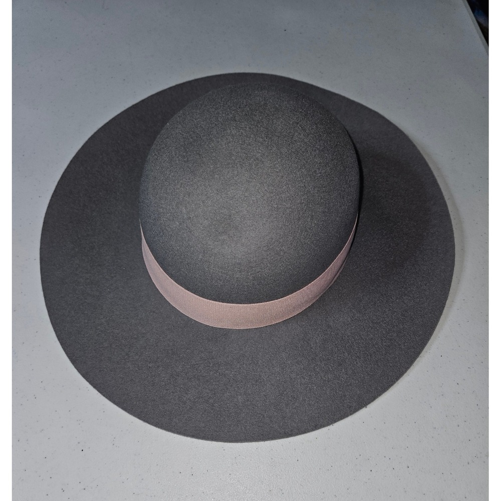 Nordstrom Gray Wool Wide Brim Hat Pink Grosgrain Ribbon Adjustable One Size NWT
